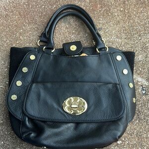 Emma Fox. Black Leather Handbag with Gold Accents